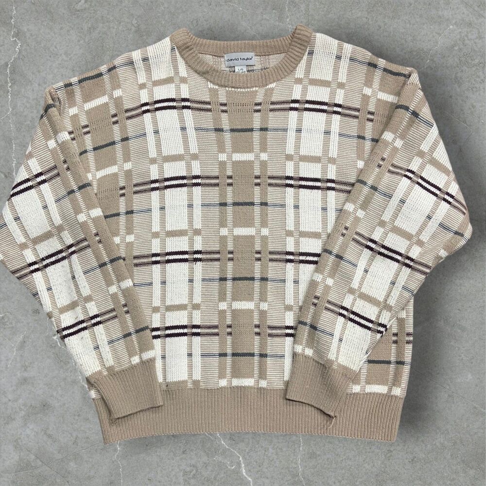 David Taylor Vintage Geometric Tan White Crewneck Sweater Men's Size Large